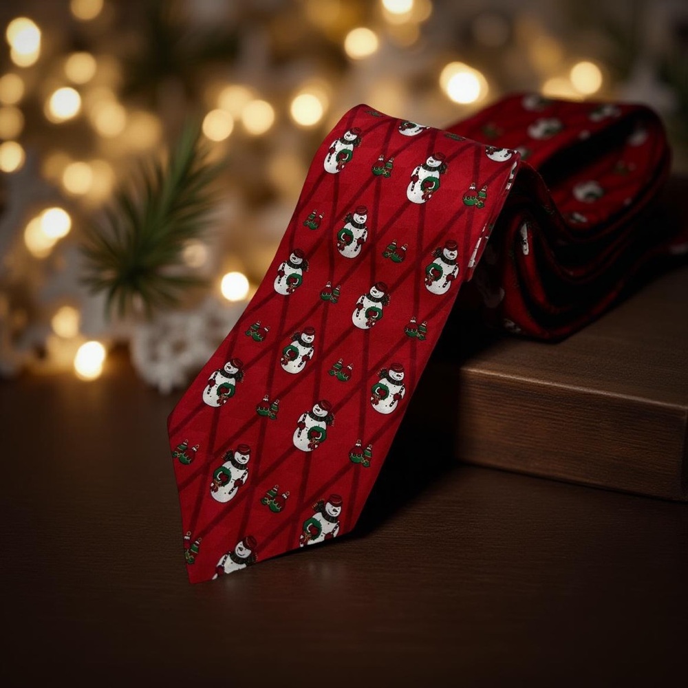 Hallmark Holiday Traditions Red Snowman Silk Tie‎ L 57.5" W 4"